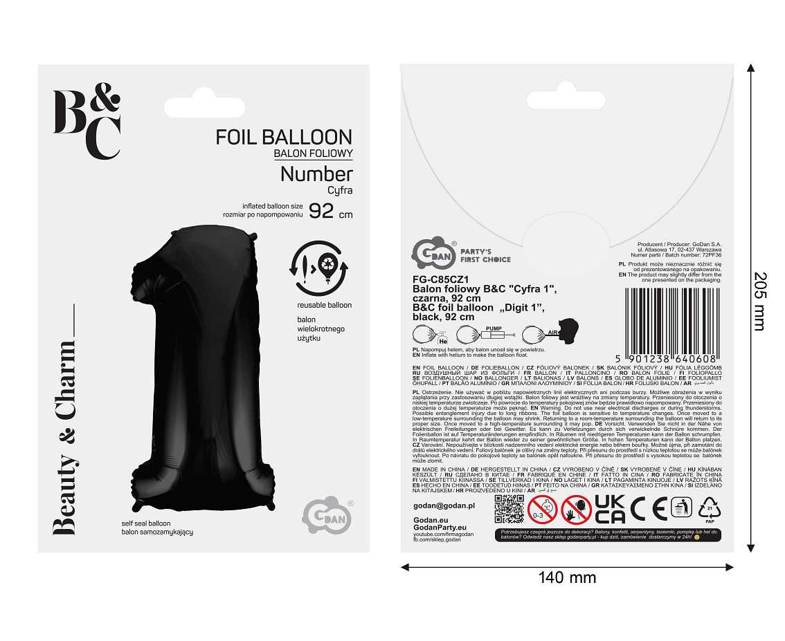 Foil balloon B&C digit 1, black, 92 cm